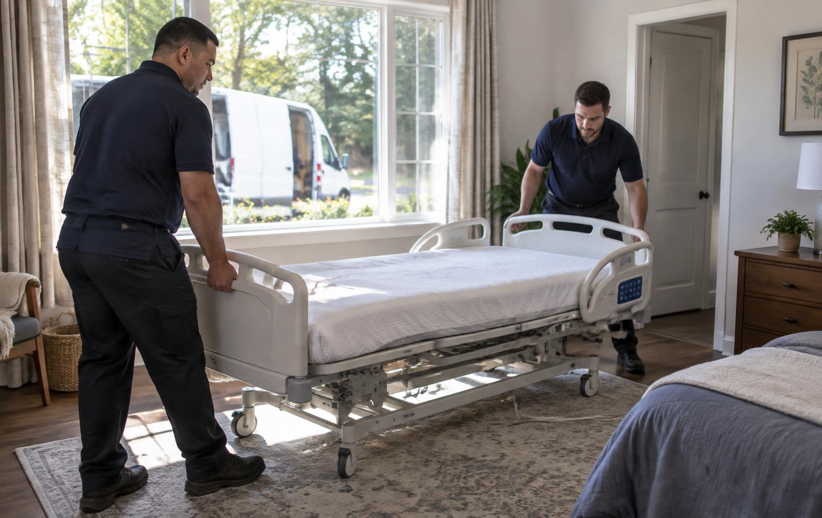 Two technicians carrying an adjustable hospital bed into a sunlit bedroom