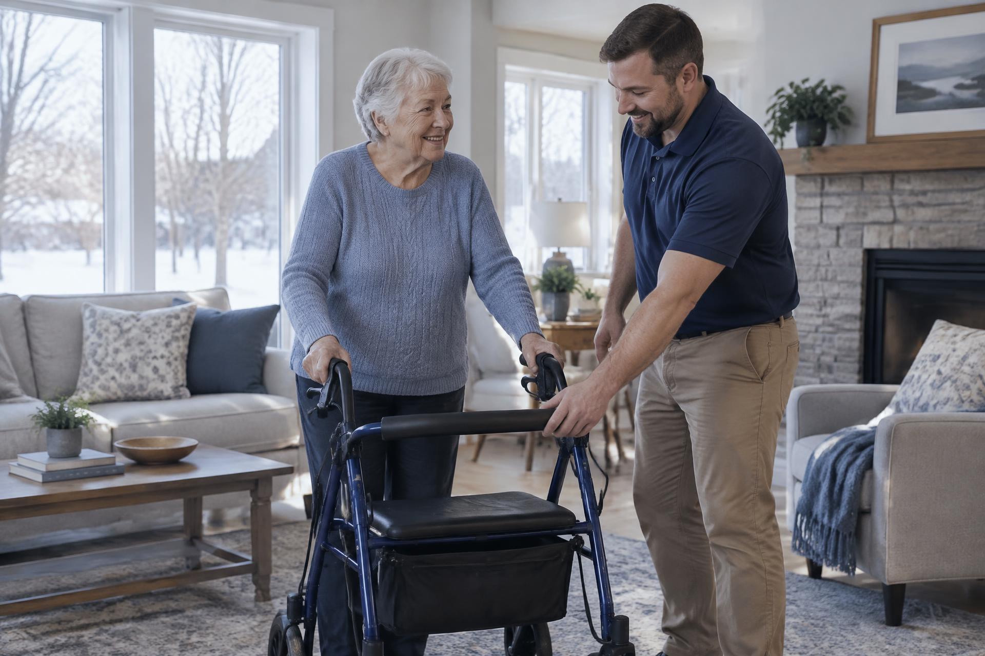 A Care Medical Supply technician steadying a rollator walker for a woman in her Minnesota living room