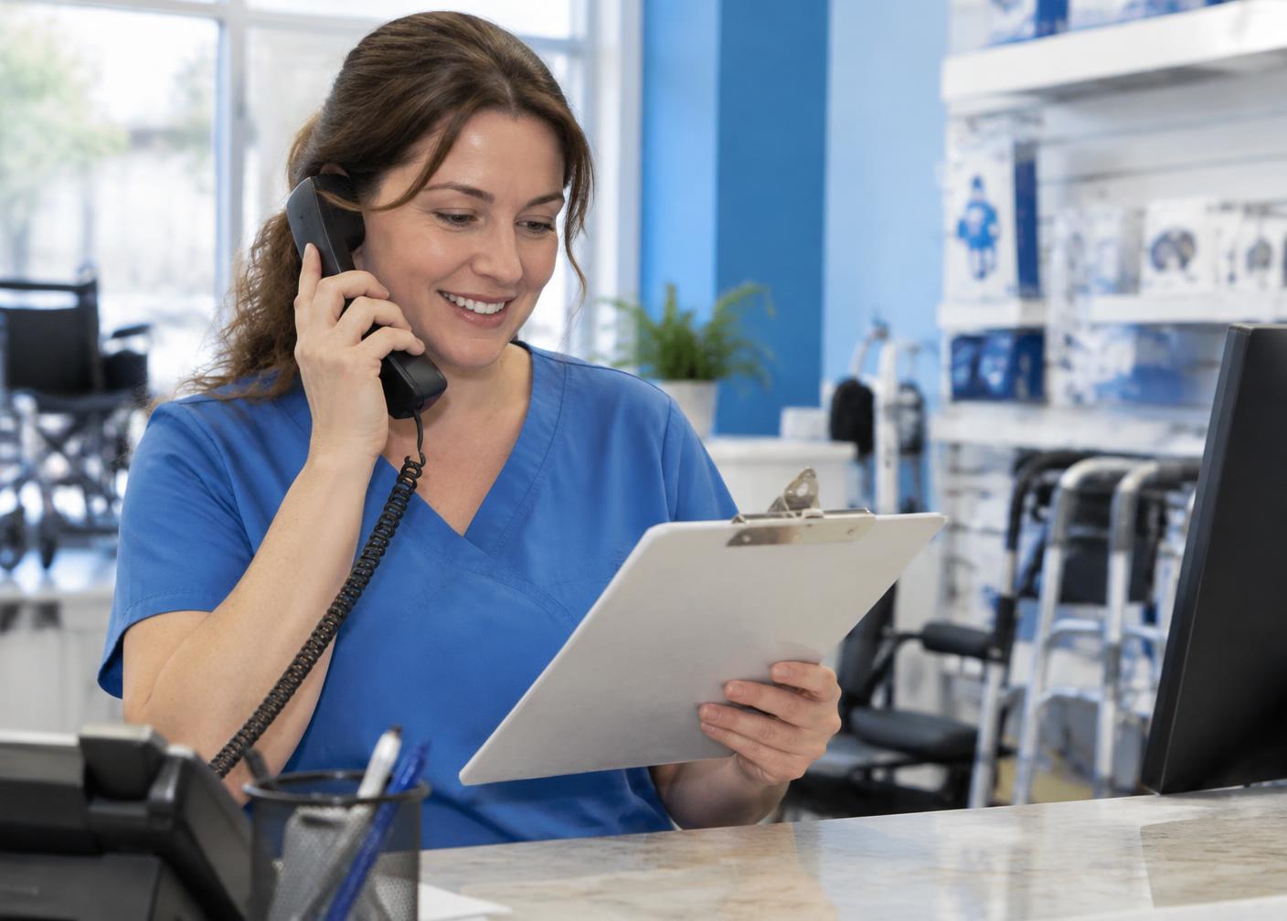 A Care Medical Supply staff member on the phone reviewing insurance paperwork at the counter