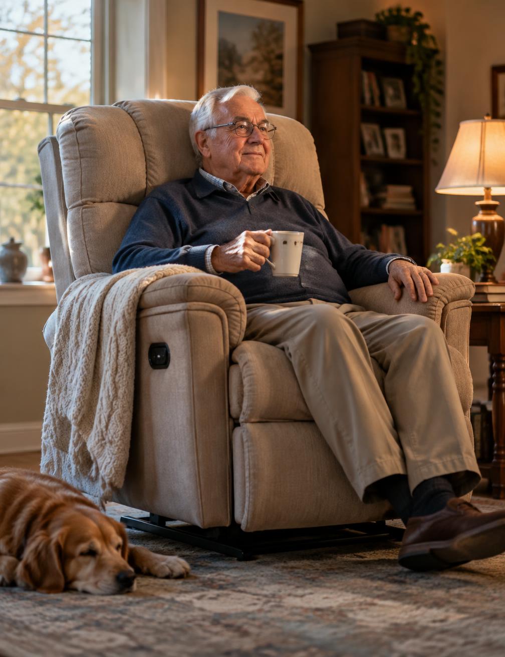 An older man resting in a power lift recliner in his living room