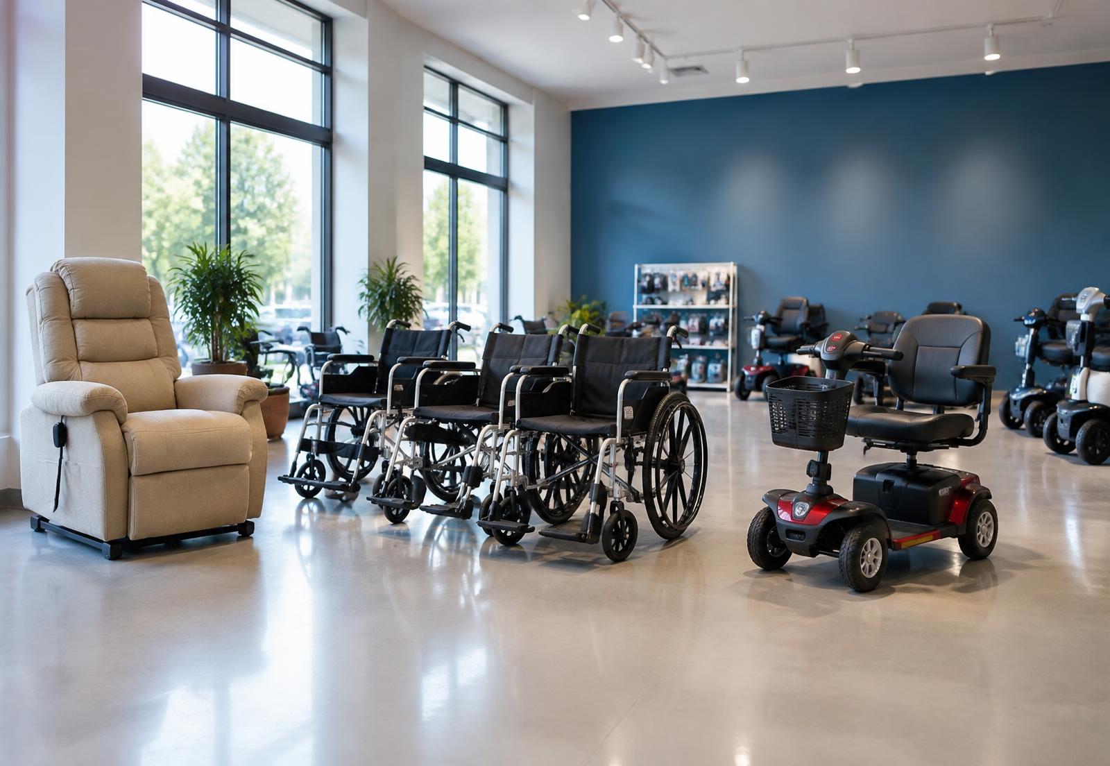 Wheelchairs, a power scooter and a lift recliner on the Care Medical Supply showroom floor
